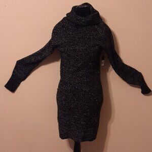 Chic Long Sleeve Black & White Sweater Dress Turtleneck Midi